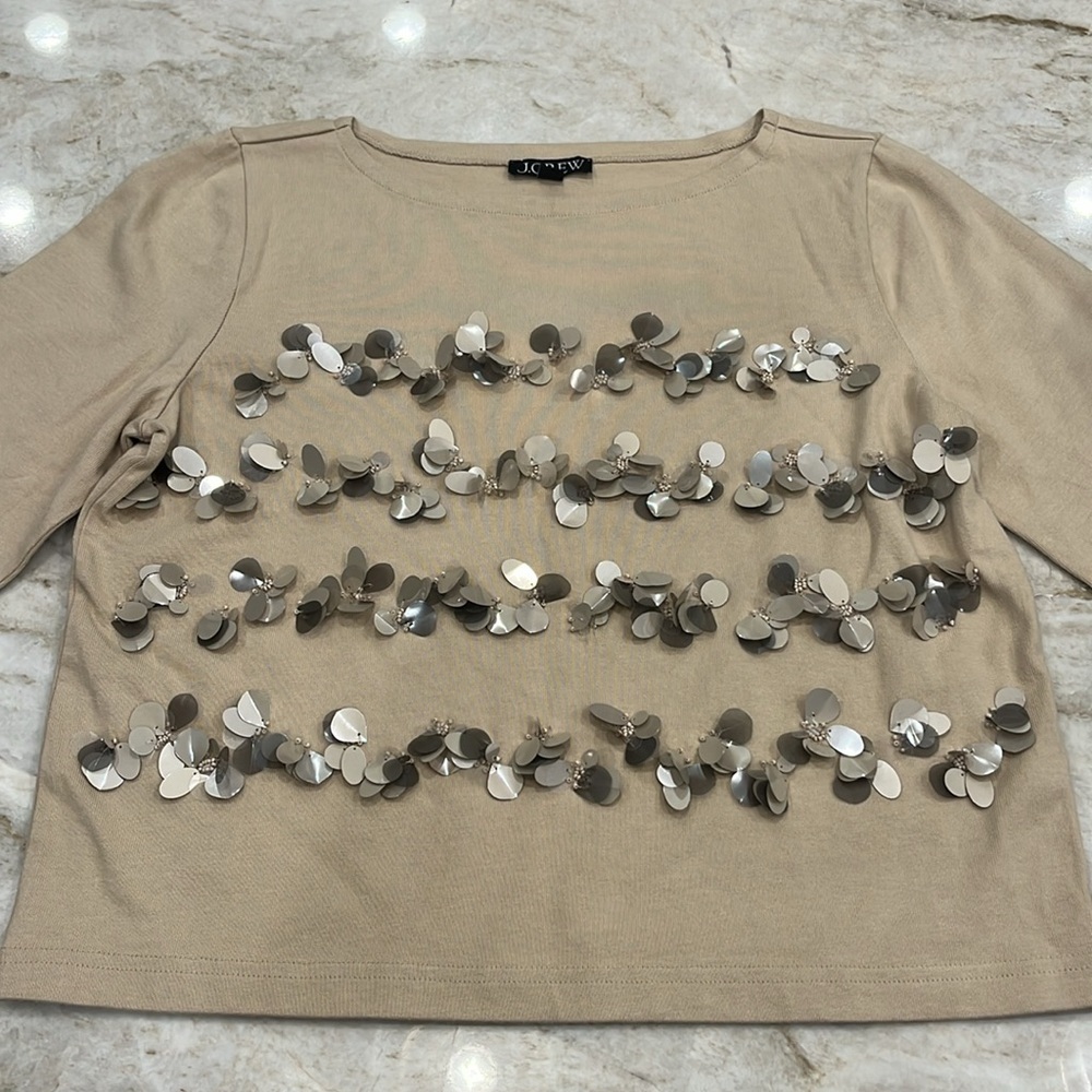 NEW J Crew Mariner Jersey Long Sleeve Tee Floral Embellished Light Khaki Medium - Picture 4 of 12